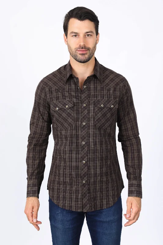Trendy Shoes Mens Western Checkered Brown Long Sleeve Shirts