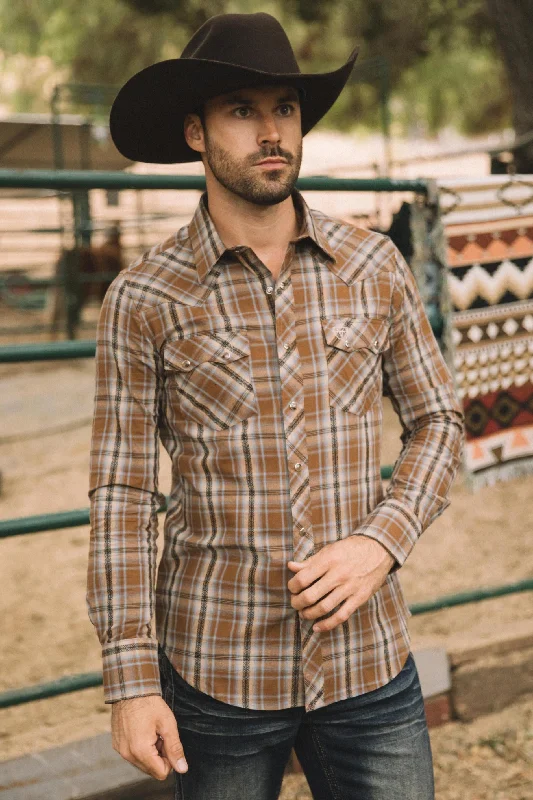 Athletic Outfits Mens Western Checkered Camel Long Sleeve Shirts