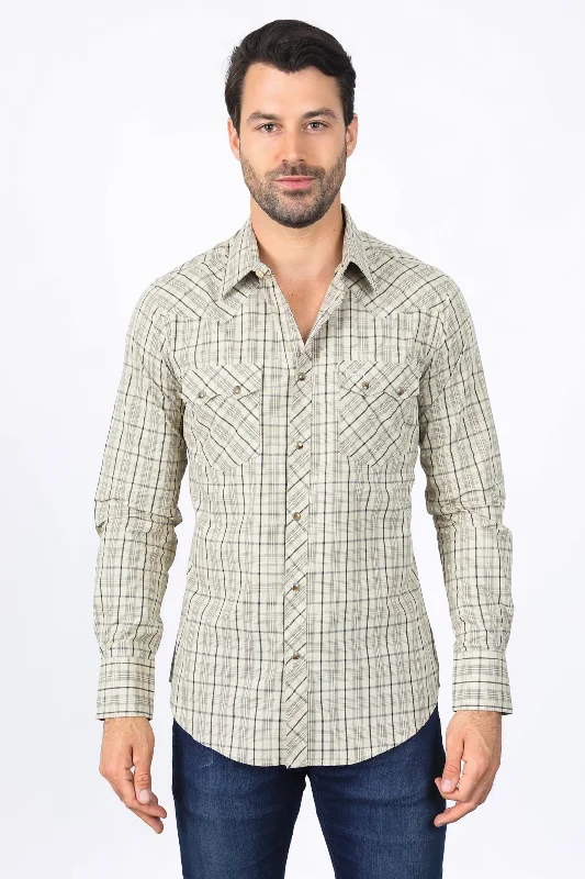 Comfy Pants Mens Western Checkered Khaki Long Sleeve Shirts