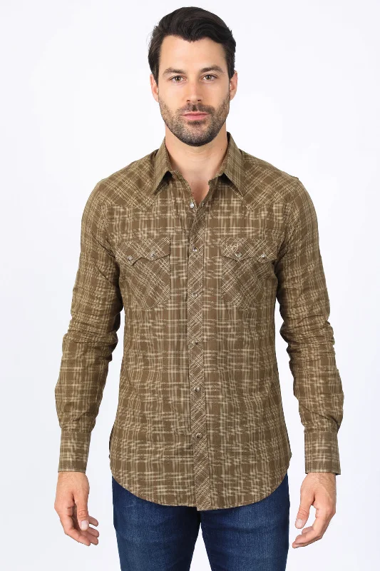 Chic Outfits Mens Western Checkered Light Brown Long Sleeve Shirts