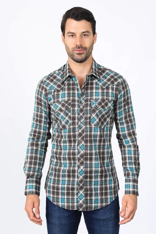 Casual Shoes Mens Western Checkered Teal Long Sleeve Shirts