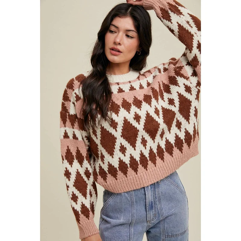 Casual Button-ups Rose + Chocolate Jacquard Crewneck Sweater