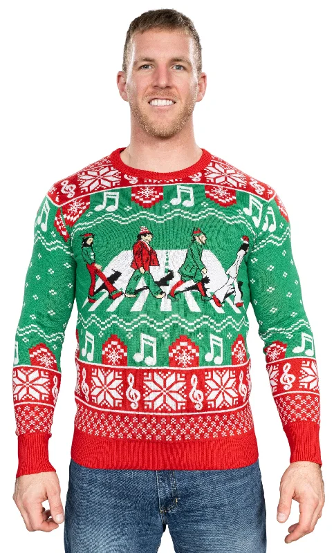 Urban Tees Music Band Elf Road Cross Walk Elves Knitted Ugly Christmas Sweater