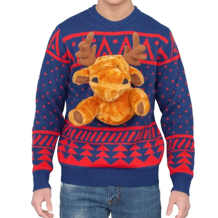 Lightweight Tops Navy 3-D Christmas Ugly Christmas Sweater with Stuffed Moose