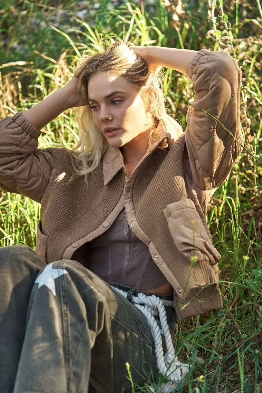 Sports Gear Mocha Ribbed Sweater Jacket with Quilted Detail