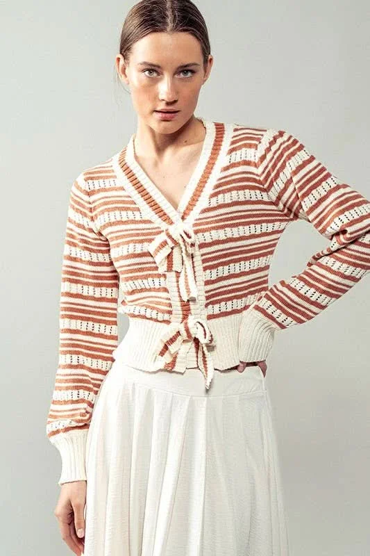 Sporty Designs Ivory/Rust Ribbon Button Stripe Cardigan
