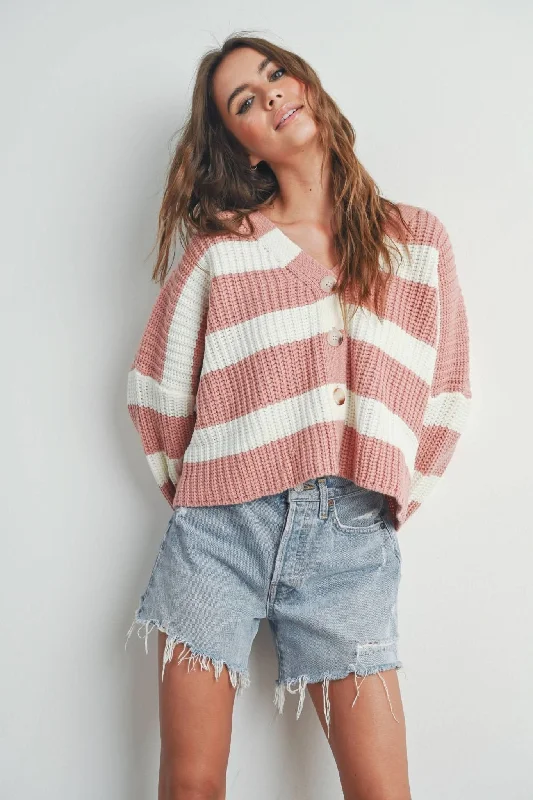 Daily Looks Mauve + White Striped V-Neck Cardigan with Buttons