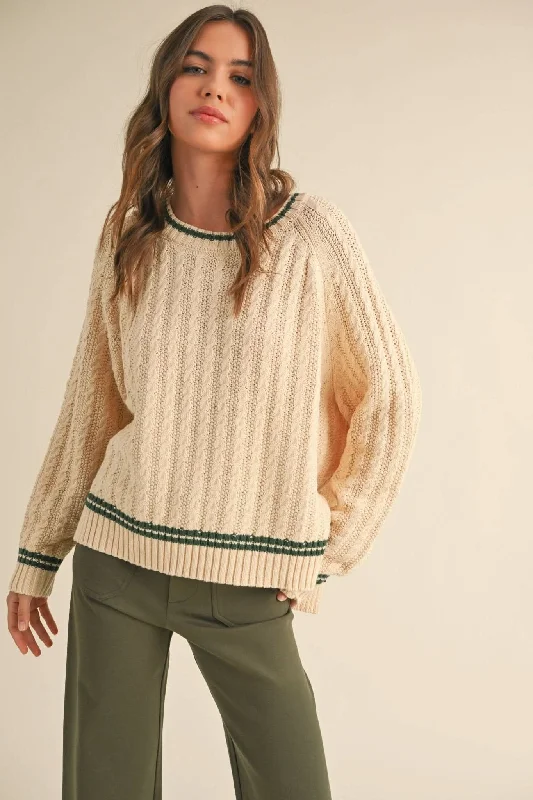 Athletic Outfits Beige + Green Cable Contrast Sweater