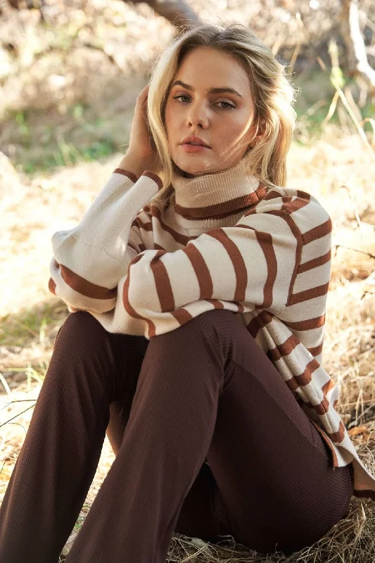 Warm Jackets Mocha Turtle Neck Oversize Stripe Knit Sweater Top
