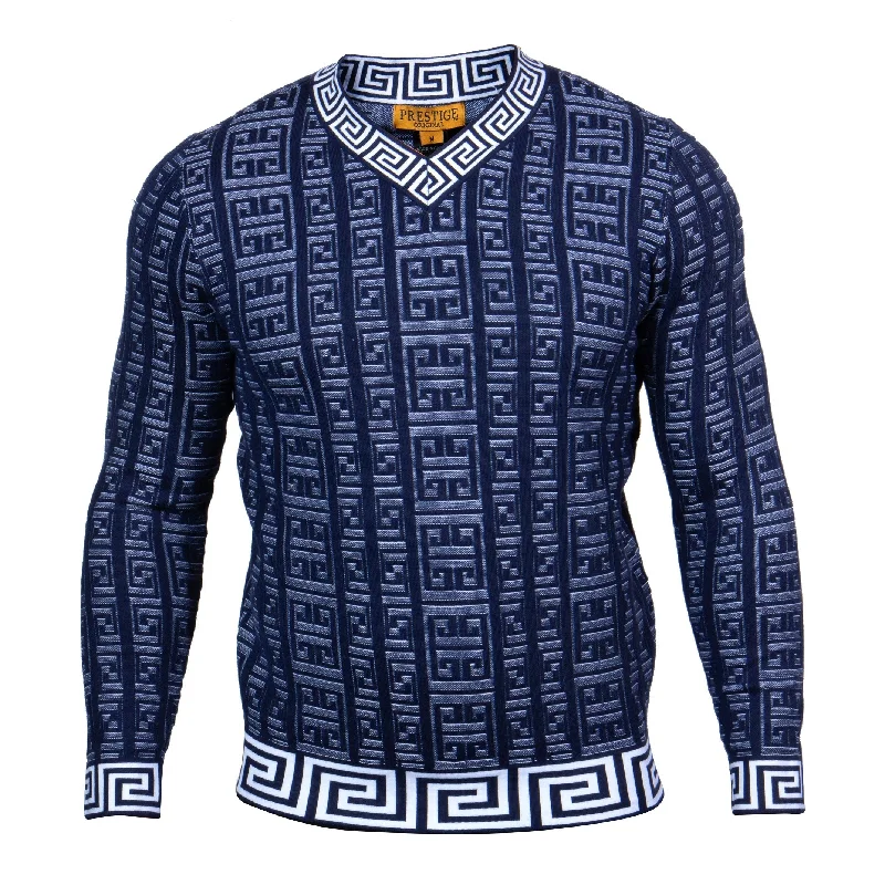 Smart Wear V-Neck Greek Print Sweater | (Navy)