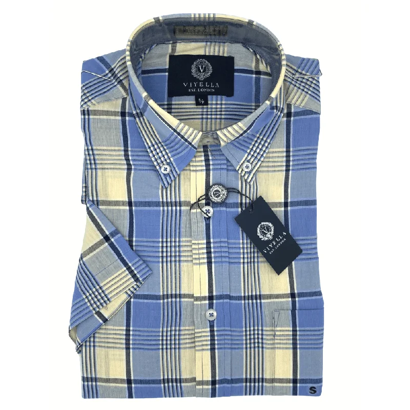 Active Wear Viyella Short Sleeve Sport Shirt - 554310 6400 Light Blue Yellow Plaid