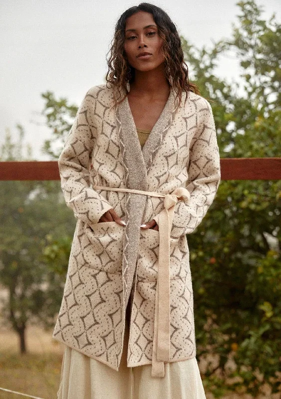 Trendy Shoes Western Diamond Jacquard Belted Cardigan - Taupe